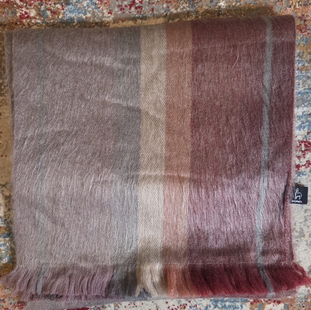 Shupaca New Without Tags Alpaca Silver & Rust Stripes Fringed Scarf